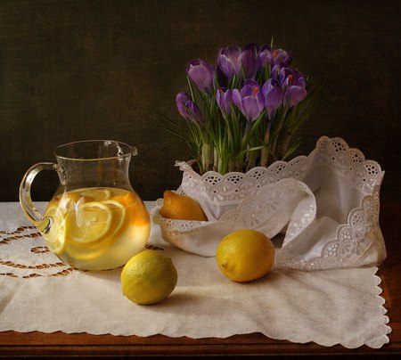 still life - nice, photography, still life, spring, crocuses, cool, old, harmony, drink, fruit, lemon, beautiful, jug, flowers, embroidery, photo, flower, elegantly