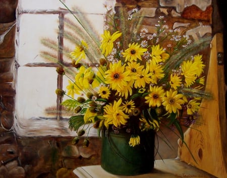 window seat - blooms, sunflowers, window, bench, bucket