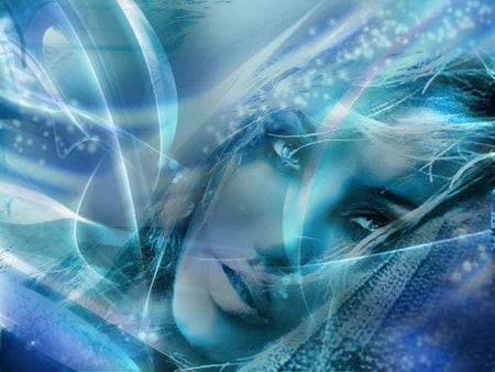 frozen woman - abstract, lazer, magic, blue, light, desktop, ice, fantasy, frozen, woman, surreal, bubbles, new