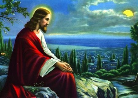 Jesus prays - moon, religion, god, christianity, heaven, christ, painting, view, jesus