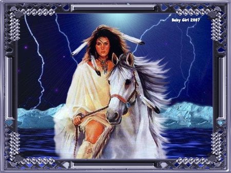 Native Woman on Horse - sky, native wolves, white horses, rain, nature, horses, native people, native animals, thunder, lightning, cliffs