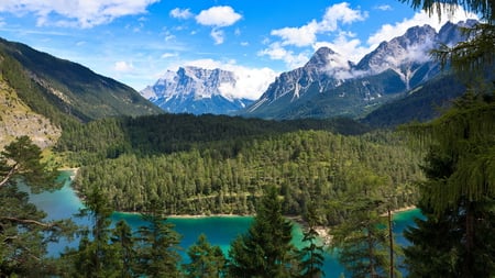 Beautiful kind on a bend of the mountain river - nature, sky, trees, mountain, forest, river, water