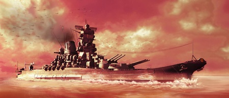 Power - danger, guns, ship, sea, ocean, battleship, red sky, navy, sky