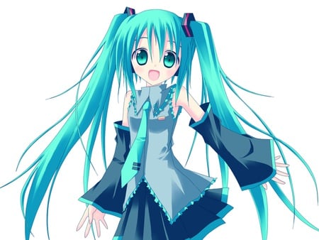 Hatsune Miku - music, thighhighs, anime girl, white, art, cool, aqua eyes, artistic, hatsune miku, skirt, song, vocaloids, program, vocaloid, beautiful, uniform, diva, happy, nice, beauty, twintail, singer, aqua hair, black, virtual, pretty, idol, anime, miku, cute, girl, cg, hatsune, tie, smile, digital, awesome, gray