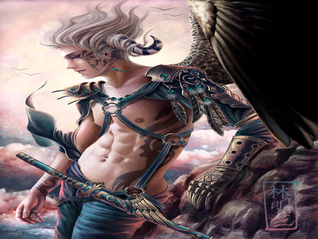 Wings of Tattoo - wings, oriental, sword, tattoo, comic, male, jademan