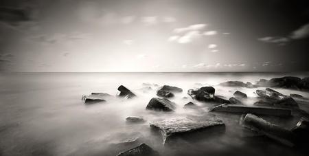 Coastline(for Coco) - clouds, coastline, water, photography, photograph, black and white, sky, wall, rocks, wallpaper