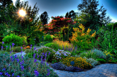 Beautiful garden - yellow, blue, landscape, springtime, spring, light, photo, flowers, red, garden, hdr, plants, sky, sun, image, sesons, ken giordano, beauty, colors, colorful, nature, picture, green