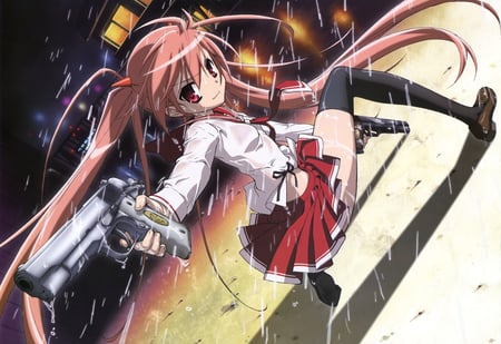 Turn around and...... - gun, wepon, girl, rain, long hair, anime