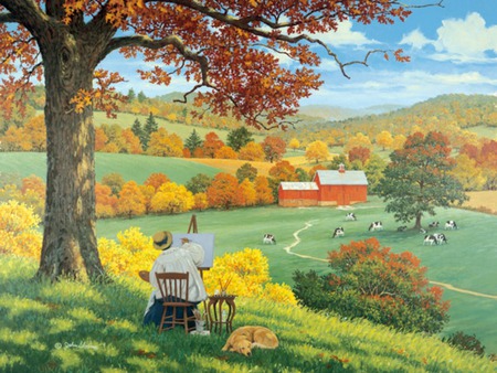 country canvas - landscape, dog, cows, tree, chair, barn, shadows, field, art