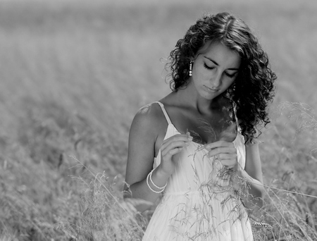 Thinking of you - sadness, lonely, earing, beautiful girl, dress, girl, alone, feeling, missing, field, sunny day