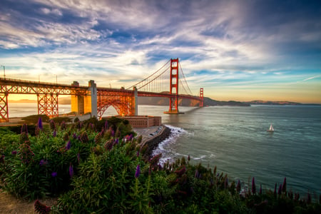 Sunset-HDR - nice, nice  view, sky, california, trees, photography, sun, panorama, water, sunset, coast, san francisco, view, modern, cool, clouds, orange, architecture, hdr, grass, bridge, boat, ocean, landscape, nature, golden gate, beautiful, colors, flowers, sea