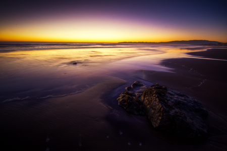 Sunset - beach, evening, photo, reflection, sand, purple, violet, nice, sky, water, beautiful, photography, sea, cool, ocean, harmony, sunset, rocks