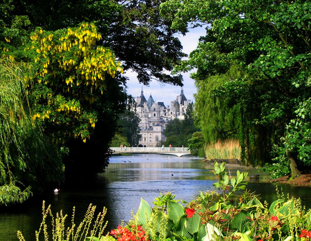 On a May Afternoon - greens, flowers, beautiful, lake, park, castle