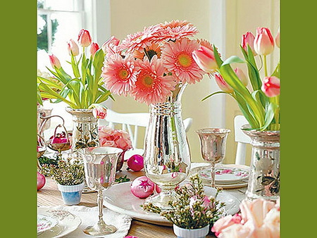 Spring table - white, glasses, pink, gerbers, table, green, flowers