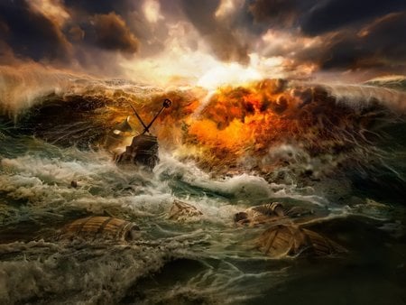 Shipwreck - barrel, ocean, boats, sun, stormy sky, rocks, wreckage, storm, waves, man on raft, ship, person, dark, shipwreck