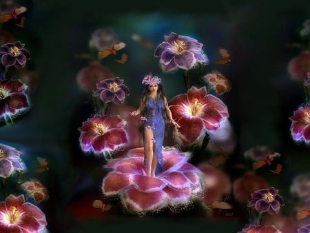 girl and flowers - fantasy, flowers, 3d, girl, color, abstract