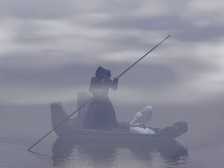 ferryman - woman, ocean, abstract, ferryman, 3d, fantasy, misty