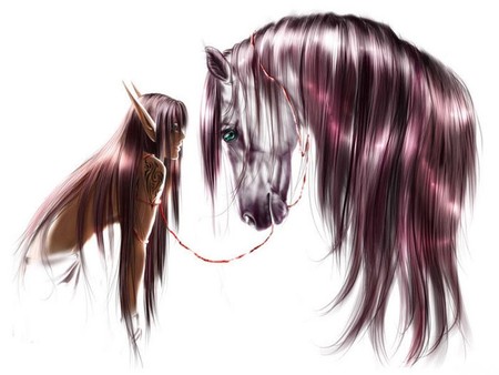 elf and horse - abstract, elf, girl, horse, 3d, hair, fantasy