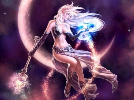 Fantastic girl - moon, abstract, fantasy, magic, girl, 3d