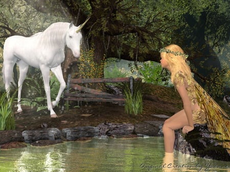 A touch of magic - fantasy, fairy, lake, 3d, unicorn