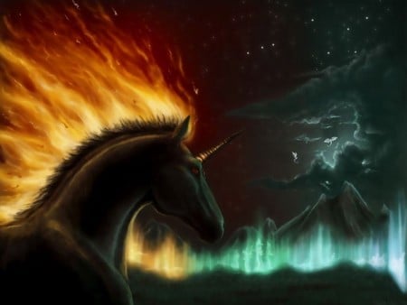 burning unicorn - abstract, fantasy, fire, 3d, unicorn, light, dark