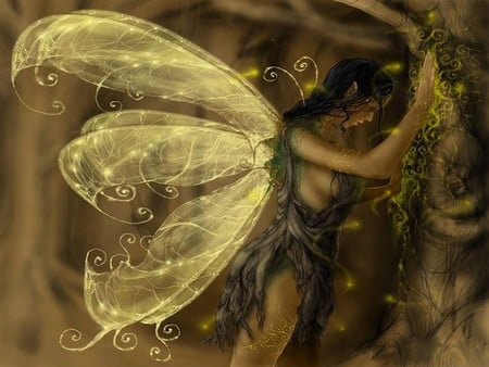 fairy - angel, magic, wings, fantasy, regret, green, mythical, golden, tree, girl, magical, sad, mystical, abstract, woods, forest, 3d, fairy