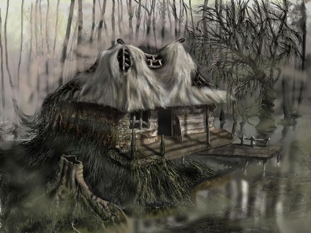 little house - house, abstract, trees, fantasy, nature, lake, 3d, forest