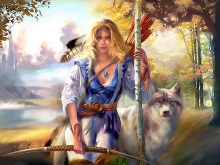 girl and wolf - abstract, fantasy, nature, wolf, paiting, girl, weapon