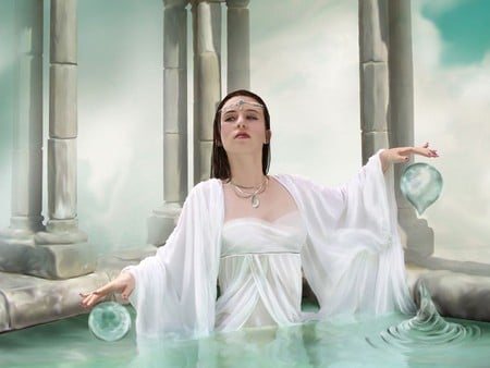 girl in white - abstract, fantasy, water, magic, woman, girl, 3d