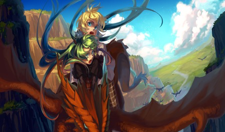 the dragon riders - clouds, dragons, miku, len