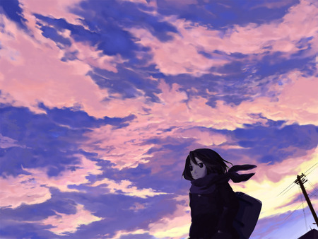 going home - sky, girl, sunset, weather, view, home, cloudy, blue, anime