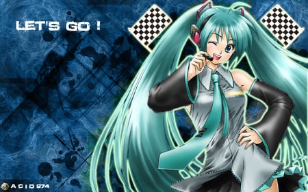 Let's Go ! - pretty, tie, headphone, anime, vocaloid, female, dress, checker, hatsune miku, green hair, long hair, nice, flag, idol, abstract, anime girl, green eye, beautiful, hot, singer, girl, twintales, beauty, sweet, miku, diva, flags, cute, aqua hair, sexy, vocaloids