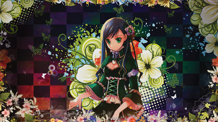 Spring - pretty, anime, female, wing, dress, checker, long hair, nice, abstract, anime girl, green eye, beautiful, hot, girl, beauty, sweet, flower, wings, butterfly, cute, sexy