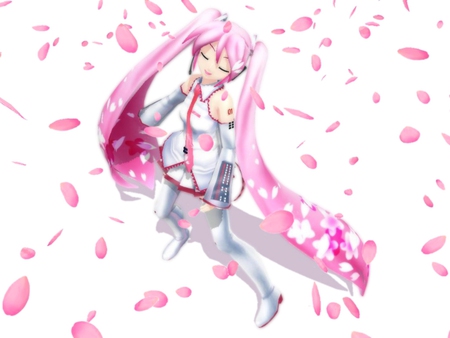 Sakura Miku - tie, pretty, artistic, original, pink, uniform, headphones, nice, program, thighhighs, beauty, virtual, petals, cg, white, cute, pv, 3d, song, anime, twintail, hatsune miku, microphone, music, hd, sakura miku, art, idol, anime girl, sakura, skirt, beautiful, singer, girl, cool, black, miku, awesome, diva, digital, hatsune, headset