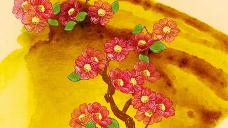 Yellow and Brown Plus Flowers - red, artistic, flowers, floral, abstract, art