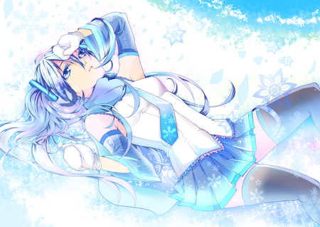 Yuki Miku - tie, pretty, artistic, snowflakes, snow, uniform, headphones, nice, program, thighhighs, beauty, virtual, cg, drawing, white, cute, aqua eyes, song, thinking, vocaloid, anime, blue, twintail, hatsune miku, microphone, dream, music, aqua, stockings, art, sky, clouds, anime girl, winter, skirt, beautiful, singer, girl, cool, black, idl, miku, season, awesome, diva, painting, digital, aqua hair, hatsune, vocaloids, headset