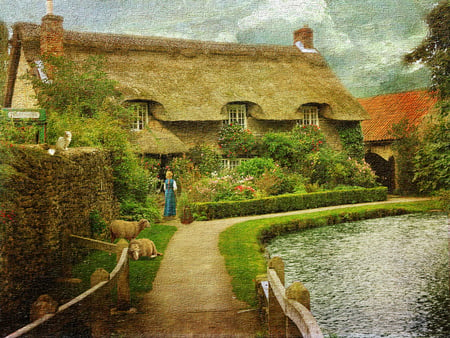 English Cottage Life - beautiful, life, cottage, painting, english