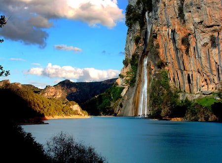 Lost Paradise - clouds, waterfal, rock, lake, paradise, sky