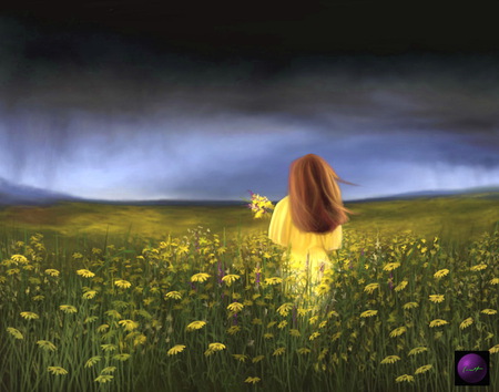 April showers - flowers, rain, girl, dark sky, spring, field