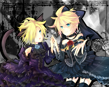 Len and Rin - rin, black, vocaloid, neko, yellow, kagamine, cute, len