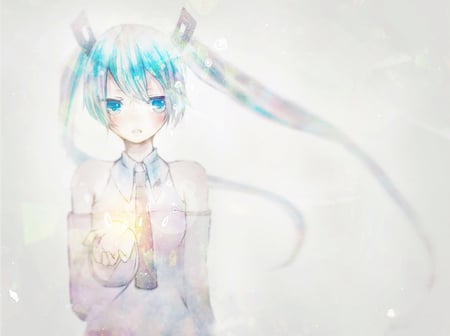 light miku - pale, girl, twintails, light, anime, pastel, uniform, miku