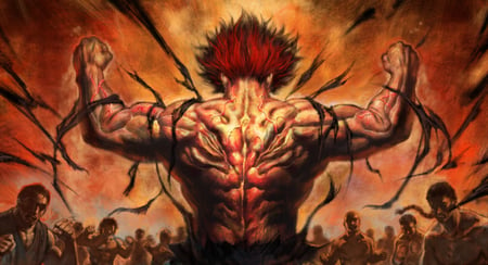 Yujiro Hanma - anime, yujiro, hanma yujiro, yujiro hanma, torn clothes, male, grappler baki, red hair, hanma, flex, baki the grappler, muscles, fighters, ogre