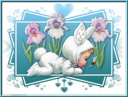 Easter cutie with flowers - cutie in easter outfit, mask, ladybug, iris flowers, bunny