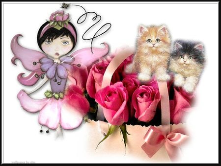 Easter Cats - pink roses, baskets, cats, fairie, easter