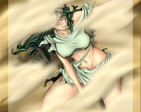 Neliel Tu Oderschvank - yellow eyes, lone, girl, bleach, female, long hair, neliel tu oderschvank, arrancar, solo, espada, anime, torn clothes, neliel, sand, green hair