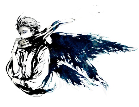 Mochizuki Ryoji - blue wings, solo, short hair, black and white, monochrome, shin megami tensei persona 3, scarf, anime, mochizuki ryoji, male, wings, guy