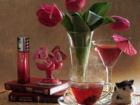 Everything's Is Red - vase, live, tea, photo, still life, tulips, glas, red, accessoirs, cup