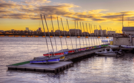 Sailing Club - beauty, sky, sailboats, peaceful, colorful, view, clouds, river, architecture, house, bridge, boat, boston, houses, building, boats, sailing, buildings, lovely, skyscrapers, nature, sailing club, pier, skyline, beautiful, city, colors, sailboat, sunrise