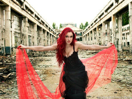 Lady - lady, abstract, red, hair, photography, black, dress