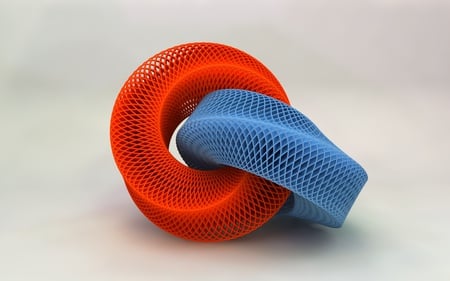 Interlacing of two rings - red, rings, 3d, abstract, blue